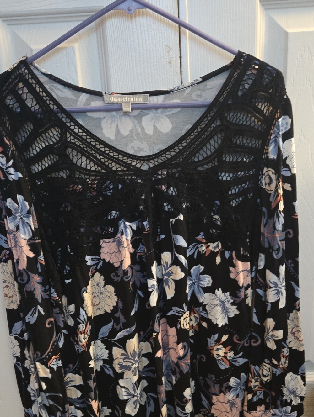 Daniel Rainn Black Floral Lace-Trim Tunic with Blue and Blush Flowers